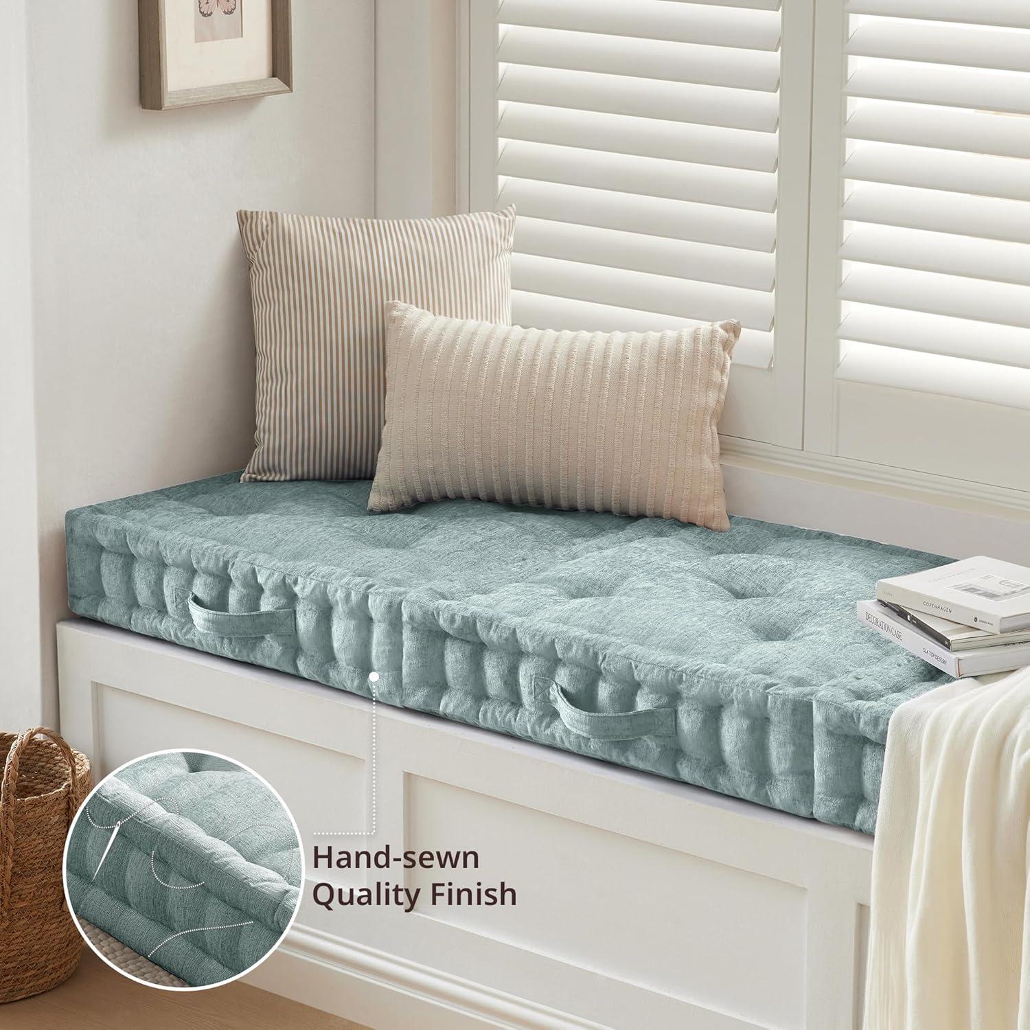 imageIntelligent Design Azza Floor Pillow Large Cushions Sitting for Adults Floor Pillow for Meditation or Yoga Lustrous Chenille Tufted with Scalloped Edges for BenchChair Cushion 20quotx20quotx5quot IvorySquare Aqua With Handle