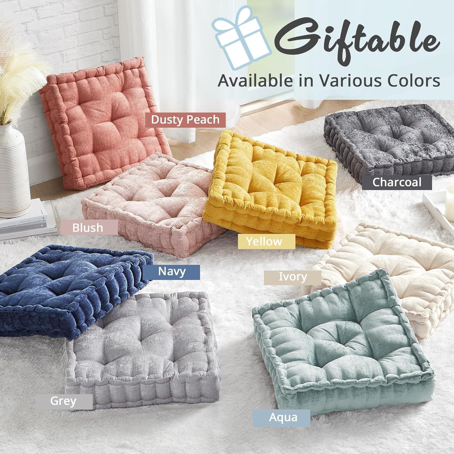 imageIntelligent Design Azza Floor Pillow Large Cushions Sitting for Adults Floor Pillow for Meditation or Yoga Lustrous Chenille Tufted with Scalloped Edges for BenchChair Cushion 20quotx20quotx5quot IvorySquare Yellow