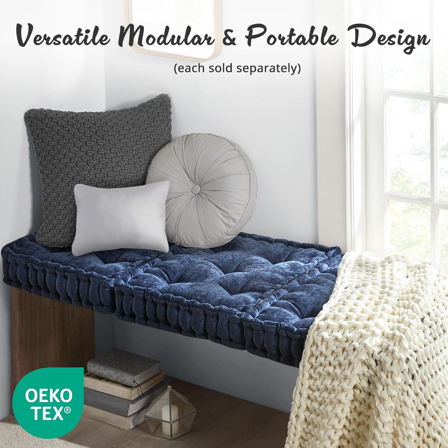 imageIntelligent Design Azza Floor Pillow Large Cushions Sitting for Adults Floor Pillow for Meditation or Yoga Lustrous Chenille Tufted with Scalloped Edges for BenchChair Cushion 20quotx20quotx5quot IvorySquare Navy