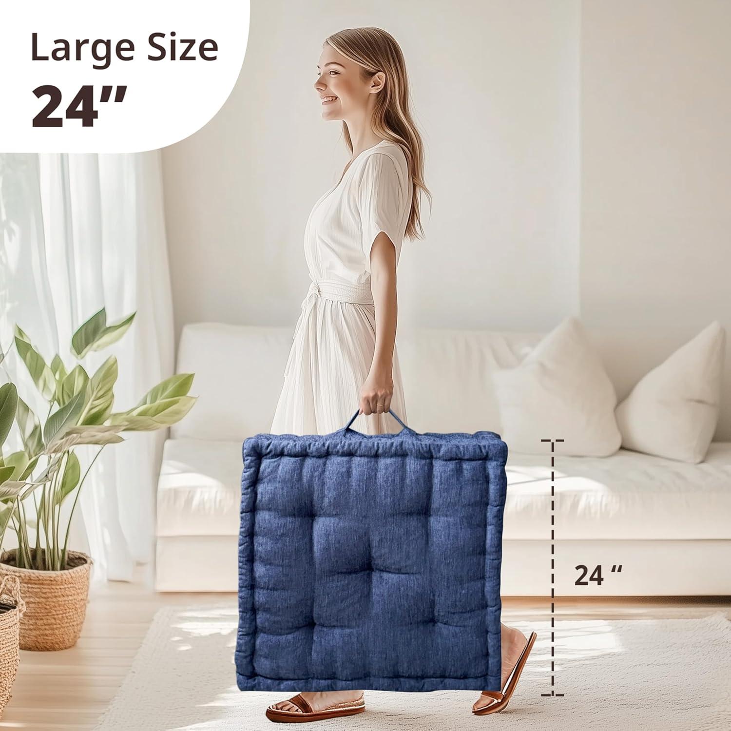 imageIntelligent Design Azza Floor Pillow Large Cushions Sitting for Adults Floor Pillow for Meditation or Yoga Lustrous Chenille Tufted with Scalloped Edges for BenchChair Cushion 20quotx20quotx5quot IvorySquare Navy With Handle