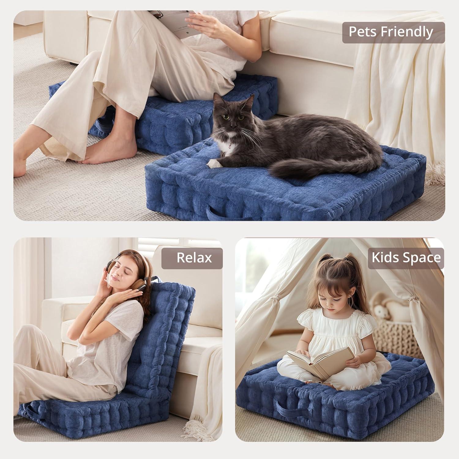 imageIntelligent Design Azza Floor Pillow Large Cushions Sitting for Adults Floor Pillow for Meditation or Yoga Lustrous Chenille Tufted with Scalloped Edges for BenchChair Cushion 20quotx20quotx5quot IvorySquare Navy With Handle