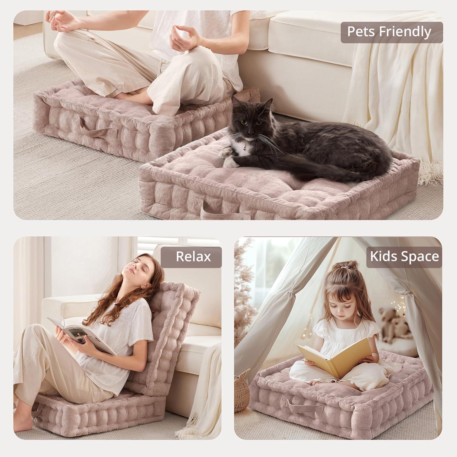 imageIntelligent Design Azza Floor Pillow Large Cushions Sitting for Adults Floor Pillow for Meditation or Yoga Lustrous Chenille Tufted with Scalloped Edges for BenchChair Cushion 20quotx20quotx5quot IvorySquare Blush With Handle