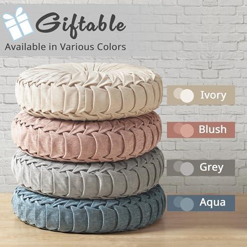 imageIntelligent Design Azza Floor Pillow Large Cushions Sitting for Adults Floor Pillow for Meditation or Yoga Lustrous Chenille Tufted with Scalloped Edges for BenchChair Cushion 20quotx20quotx5quot IvoryRound Grey