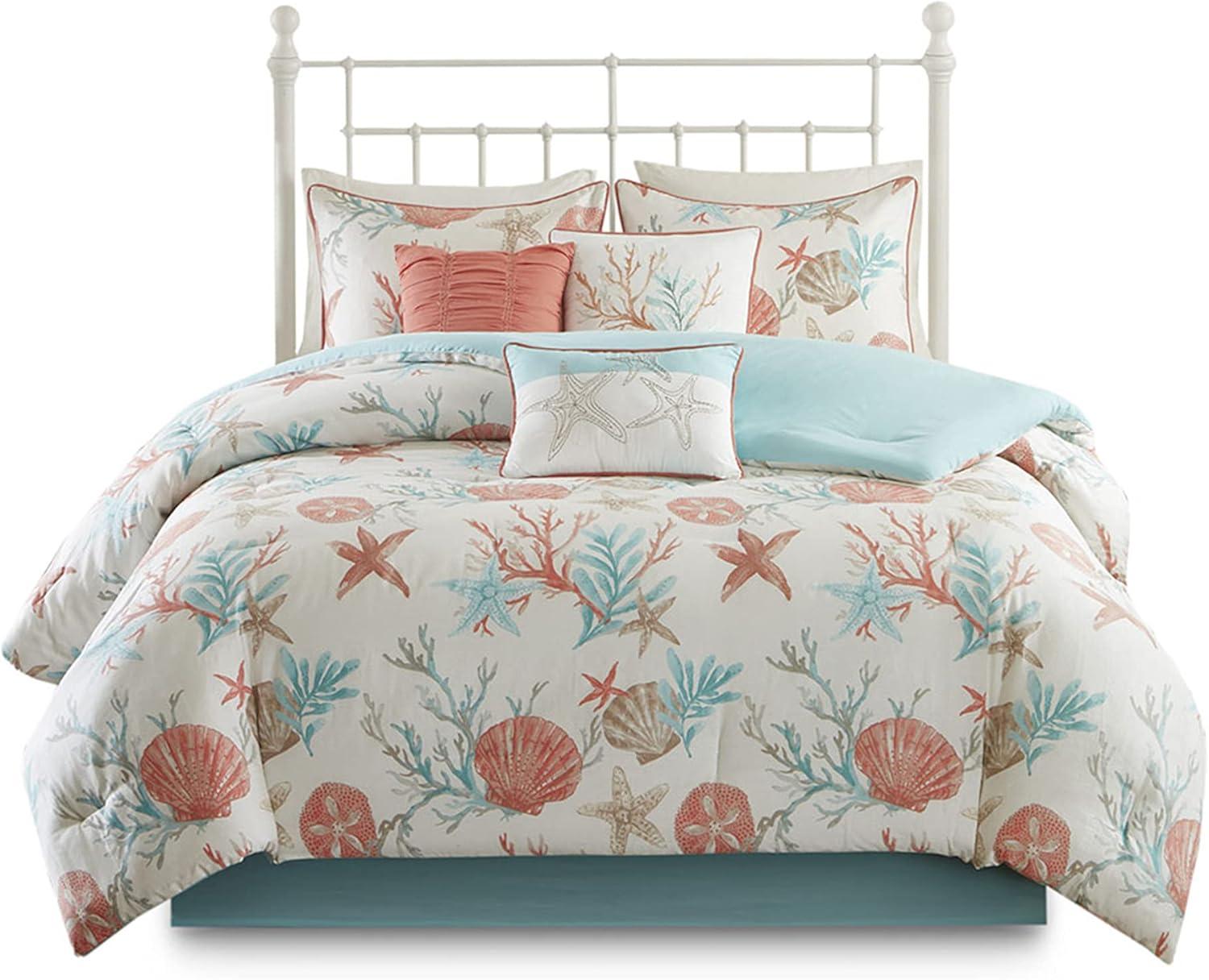 imageMadison Park 100 Cotton Comforter Set Coastal Coral Starfish Design All Season Down Alternative Cozy Bedding with Matching Shams Decorative Pillow Queen90quotx90quot Blue Cape Cod Navy 7pcsTeal