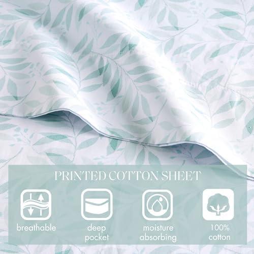imageMadison Park 100 Cotton Sheets Breathable ampamp Soft Cotton Bed Sheets Printed Design Elastic Pocket Cotton Sheet Set Fits Up to 17quot Mattress All Season Queen Green Leaves 4 PieceGreen Leaves