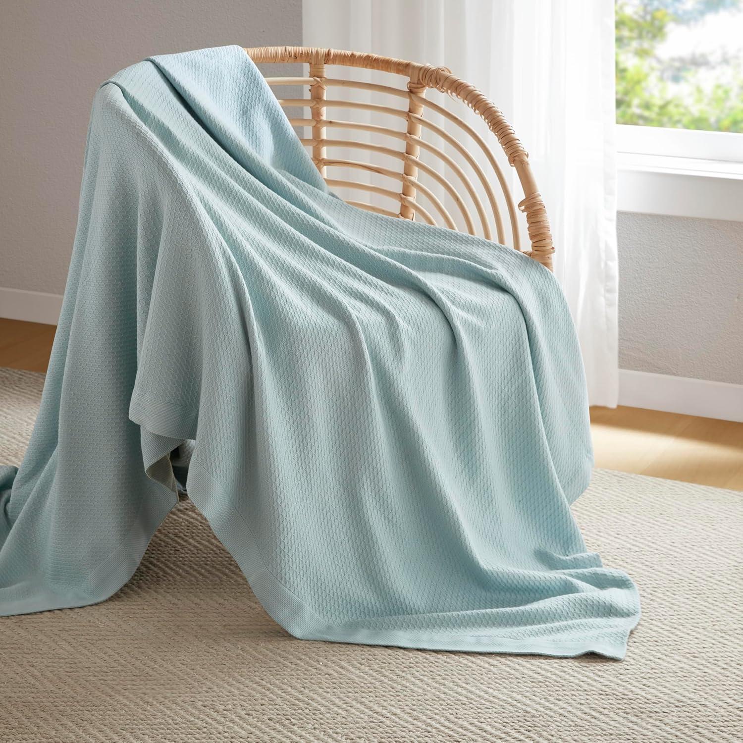 imageMadison Park 100 Egyptian Cotton Lightweight Summer Blanket Breathable Waffle Knit Design Soft Cozy AllSeason Throw for Bed Couch or Sofa Sage Green FullQueen Size 90quotx90quotLight Blue