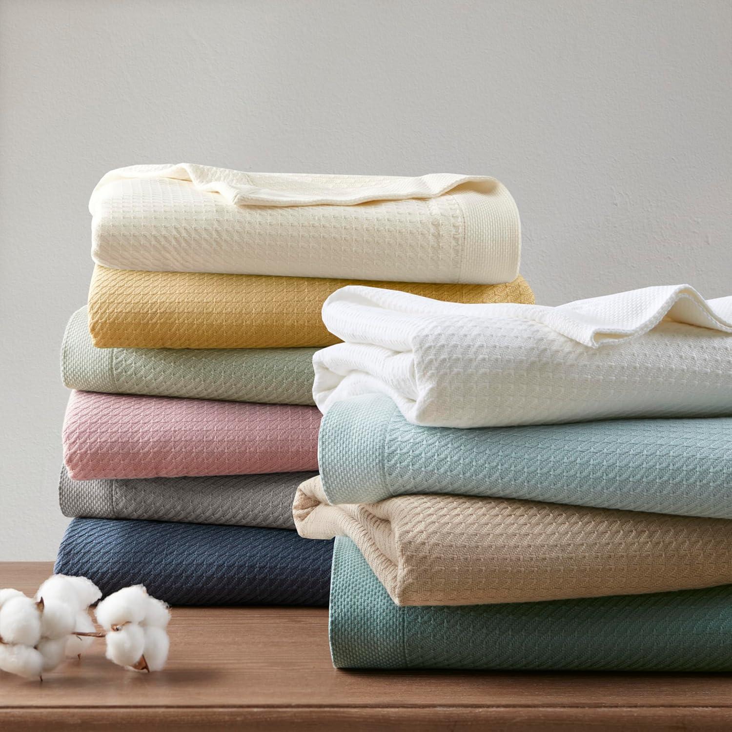 imageMadison Park 100 Egyptian Cotton Lightweight Summer Blanket Breathable Waffle Knit Design Soft Cozy AllSeason Throw for Bed Couch or Sofa Sage Green FullQueen Size 90quotx90quotLight Blue