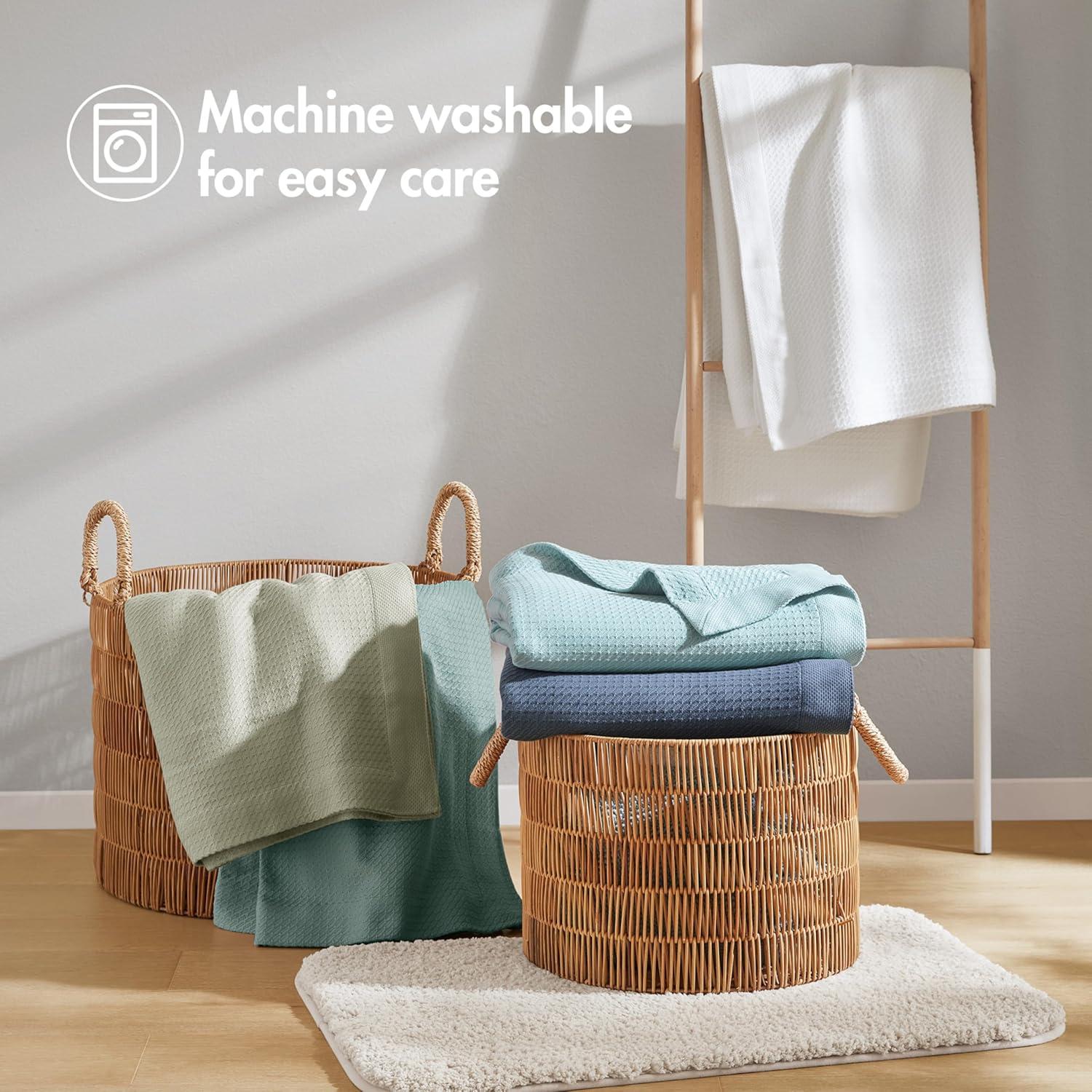 imageMadison Park 100 Egyptian Cotton Lightweight Summer Blanket Breathable Waffle Knit Design Soft Cozy AllSeason Throw for Bed Couch or Sofa Sage Green FullQueen Size 90quotx90quotLight Blue