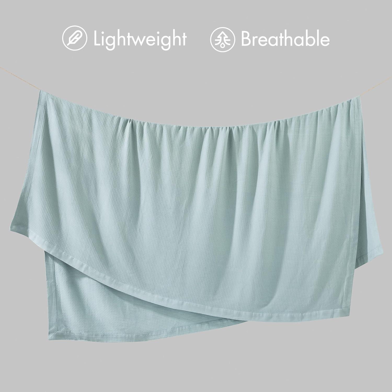 imageMadison Park 100 Egyptian Cotton Lightweight Summer Blanket Breathable Waffle Knit Design Soft Cozy AllSeason Throw for Bed Couch or Sofa Sage Green FullQueen Size 90quotx90quotLight Blue