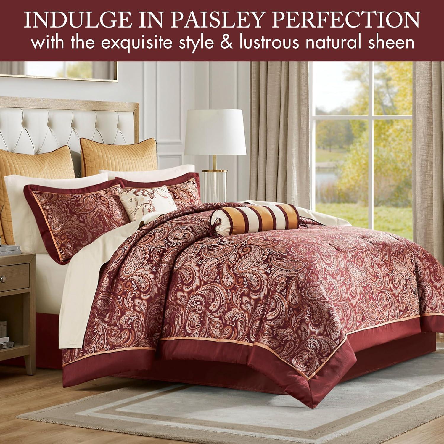 imageMadison Park Aubrey Cozy Comforter Set Faux Silk Jacquard Paisley Design All Season Down Alternative Bedding with Cotton Bed Sheets Bed Skirt ampamp Toss Pillows King Navy 12 PieceRed Biab 12pcs