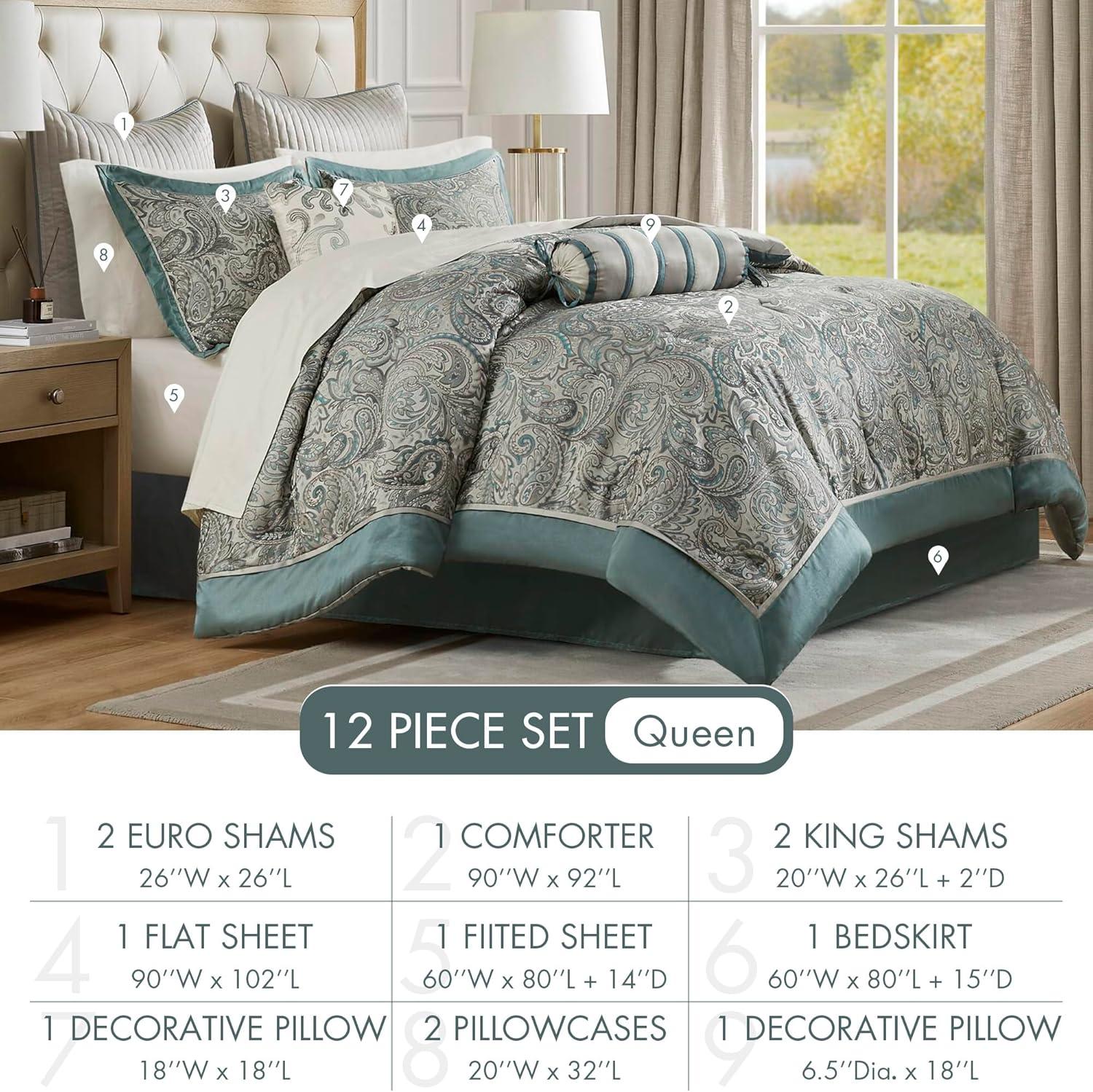 imageMadison Park Aubrey Cozy Comforter Set Faux Silk Jacquard Paisley Design All Season Down Alternative Bedding with Cotton Bed Sheets Bed Skirt ampamp Toss Pillows King Navy 12 PieceTeal Biab 12pcs