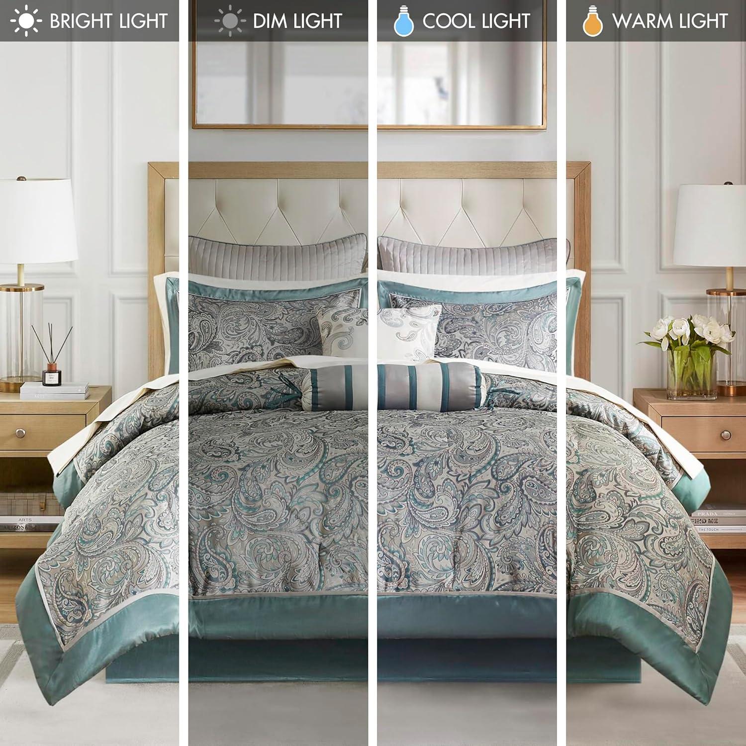 imageMadison Park Aubrey Cozy Comforter Set Faux Silk Jacquard Paisley Design All Season Down Alternative Bedding with Cotton Bed Sheets Bed Skirt ampamp Toss Pillows King Navy 12 PieceTeal Biab 12pcs