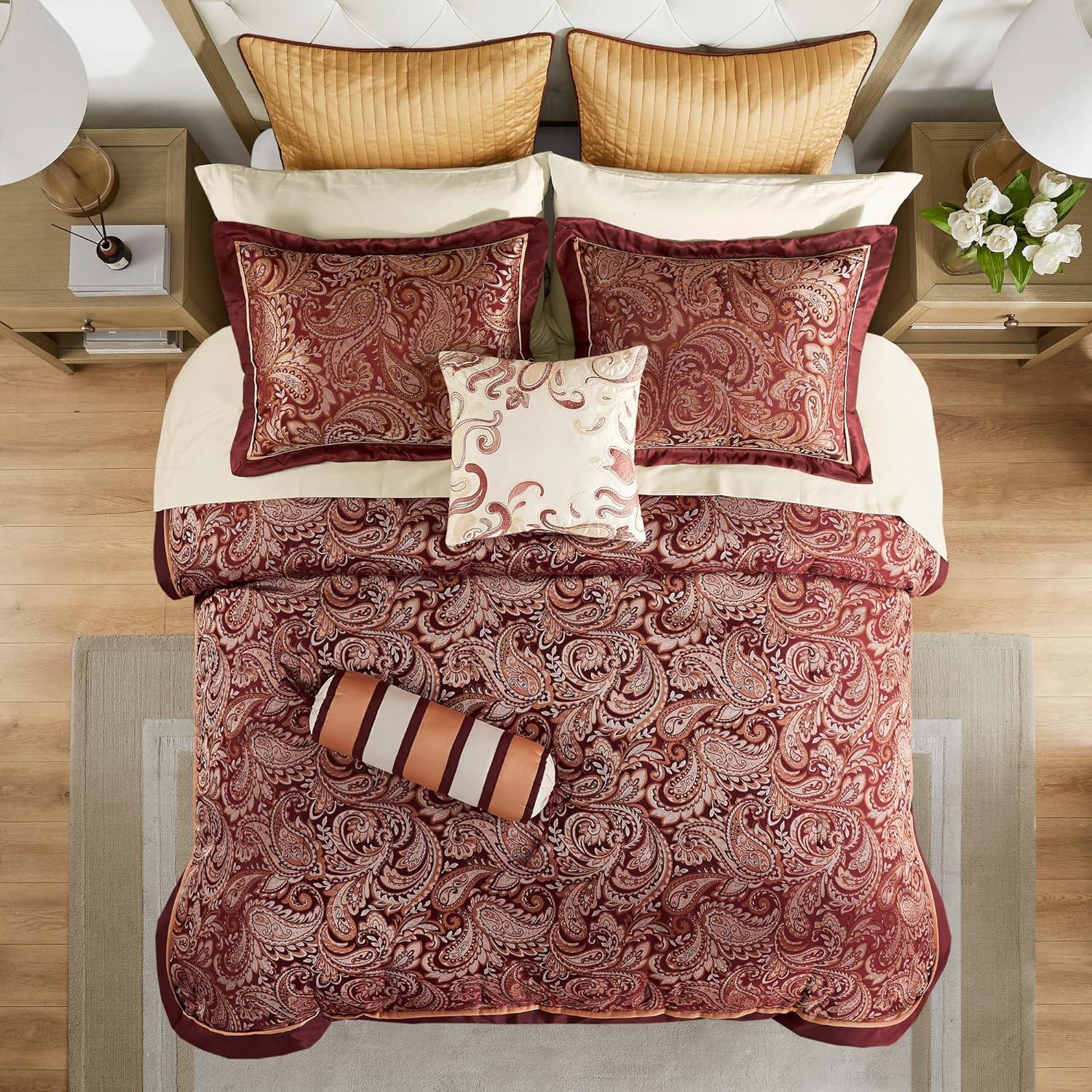 imageMadison Park Aubrey Cozy Comforter Set Faux Silk Jacquard Paisley Design All Season Down Alternative Bedding with Cotton Bed Sheets Bed Skirt ampamp Toss Pillows King Navy 12 PieceRed Biab 12pcs