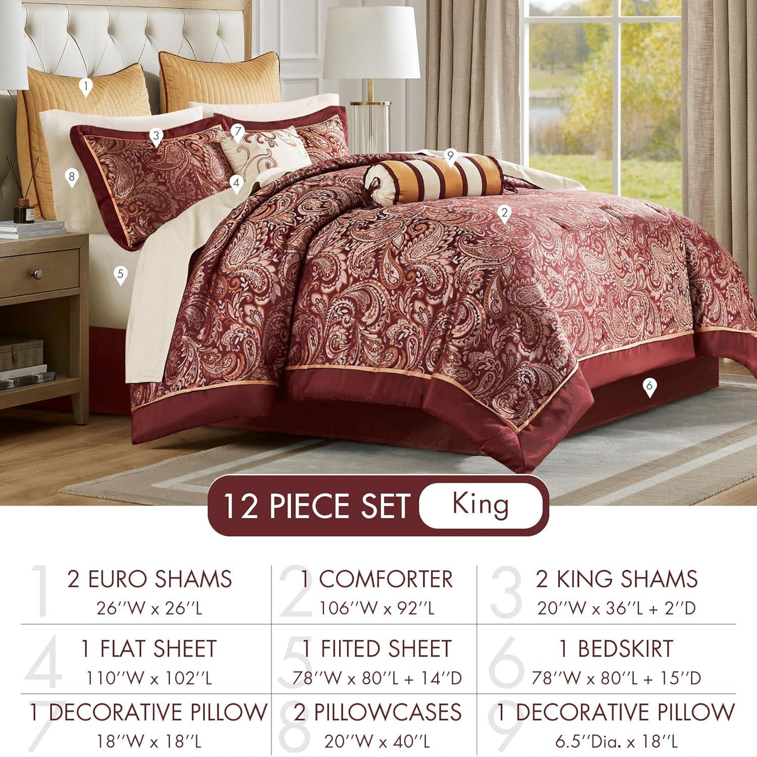 imageMadison Park Aubrey Cozy Comforter Set Faux Silk Jacquard Paisley Design All Season Down Alternative Bedding with Cotton Bed Sheets Bed Skirt ampamp Toss Pillows King Navy 12 PieceRed Biab 12pcs