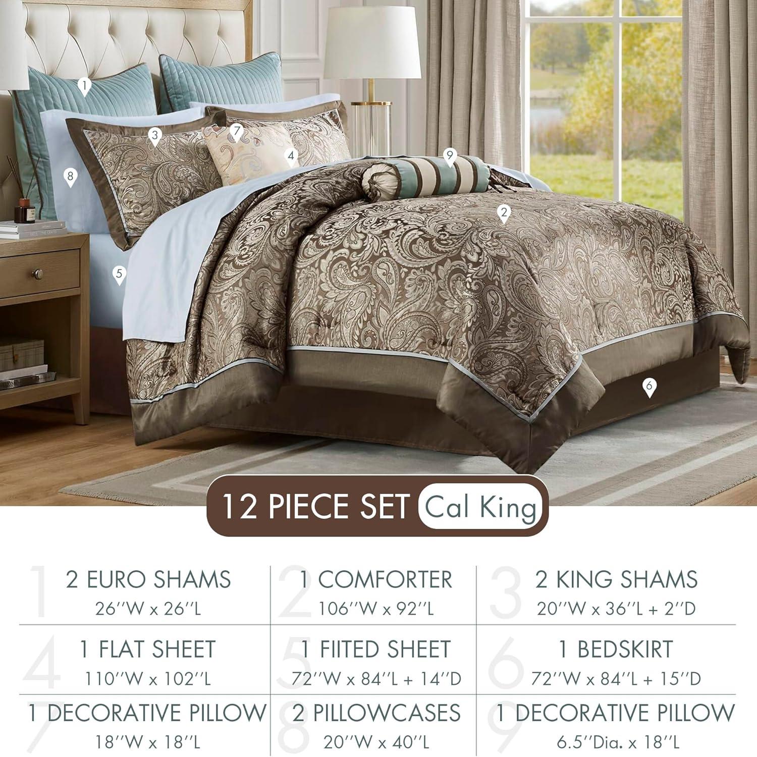 imageMadison Park Aubrey Cozy Comforter Set Faux Silk Jacquard Paisley Design All Season Down Alternative Bedding with Cotton Bed Sheets Bed Skirt ampamp Toss Pillows King Navy 12 PieceBlue Biab 12pcs