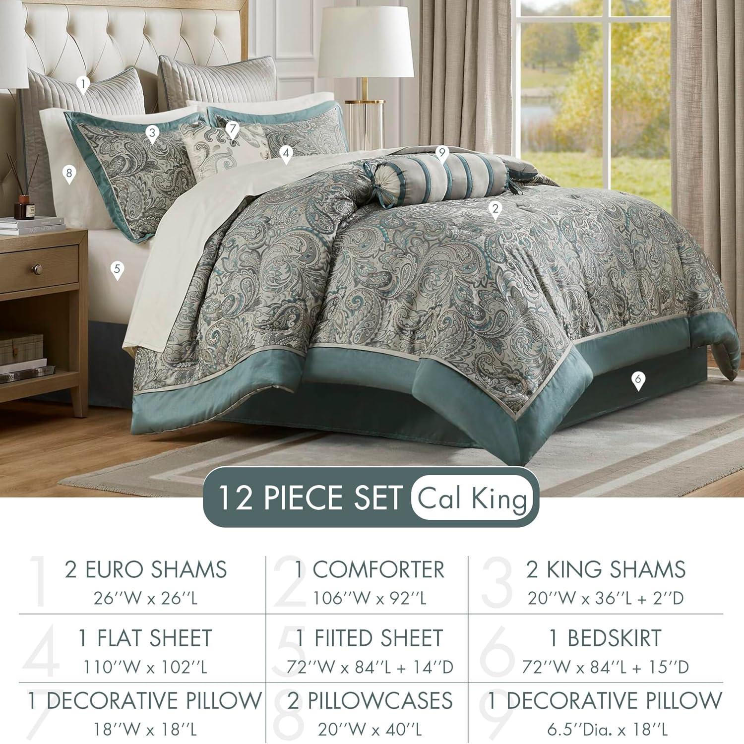 imageMadison Park Aubrey Cozy Comforter Set Faux Silk Jacquard Paisley Design All Season Down Alternative Bedding with Cotton Bed Sheets Bed Skirt ampamp Toss Pillows King Navy 12 PieceTeal Biab 12pcs