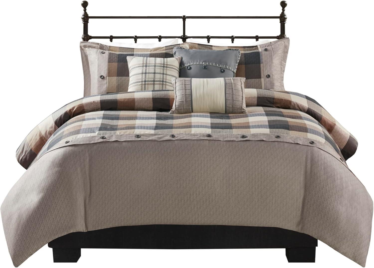 imageMadison Park Aubrey Duvet Cover Paisley Jacquard Duvet Cover Set Ultra Soft Microfiber Light Weight Bed Comforter Covers FullQueen90quotx90quot Taupe 6 PieceRidge Plaid Natural