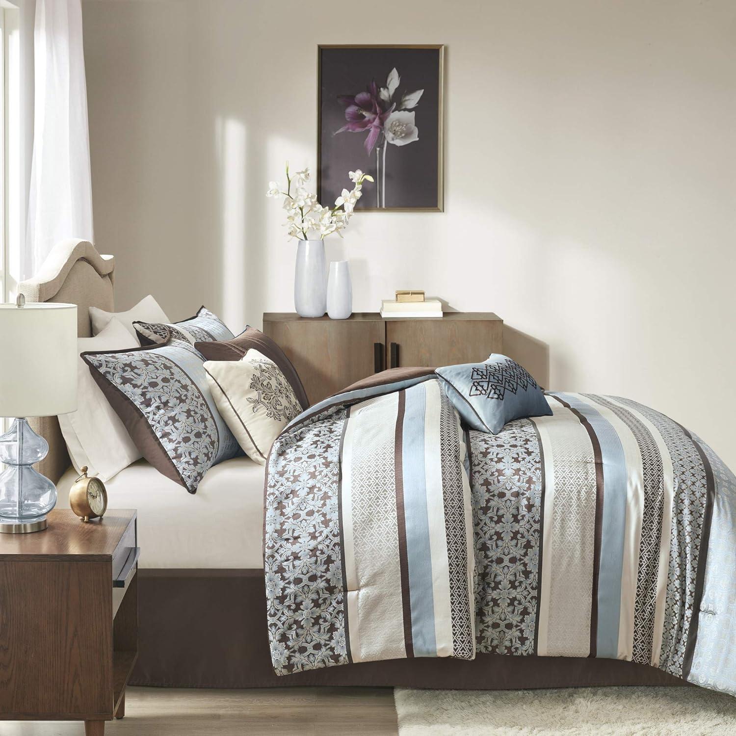 imageMadison Park Bellagio Cozy Comforter Set Luxurious Jaquard Traditional Damask Design All Season Down Alternative Bedding with Matching Shams Decorative Pillow Queen90quotx90quot BrownGold 7 PiecePrinceton Blue