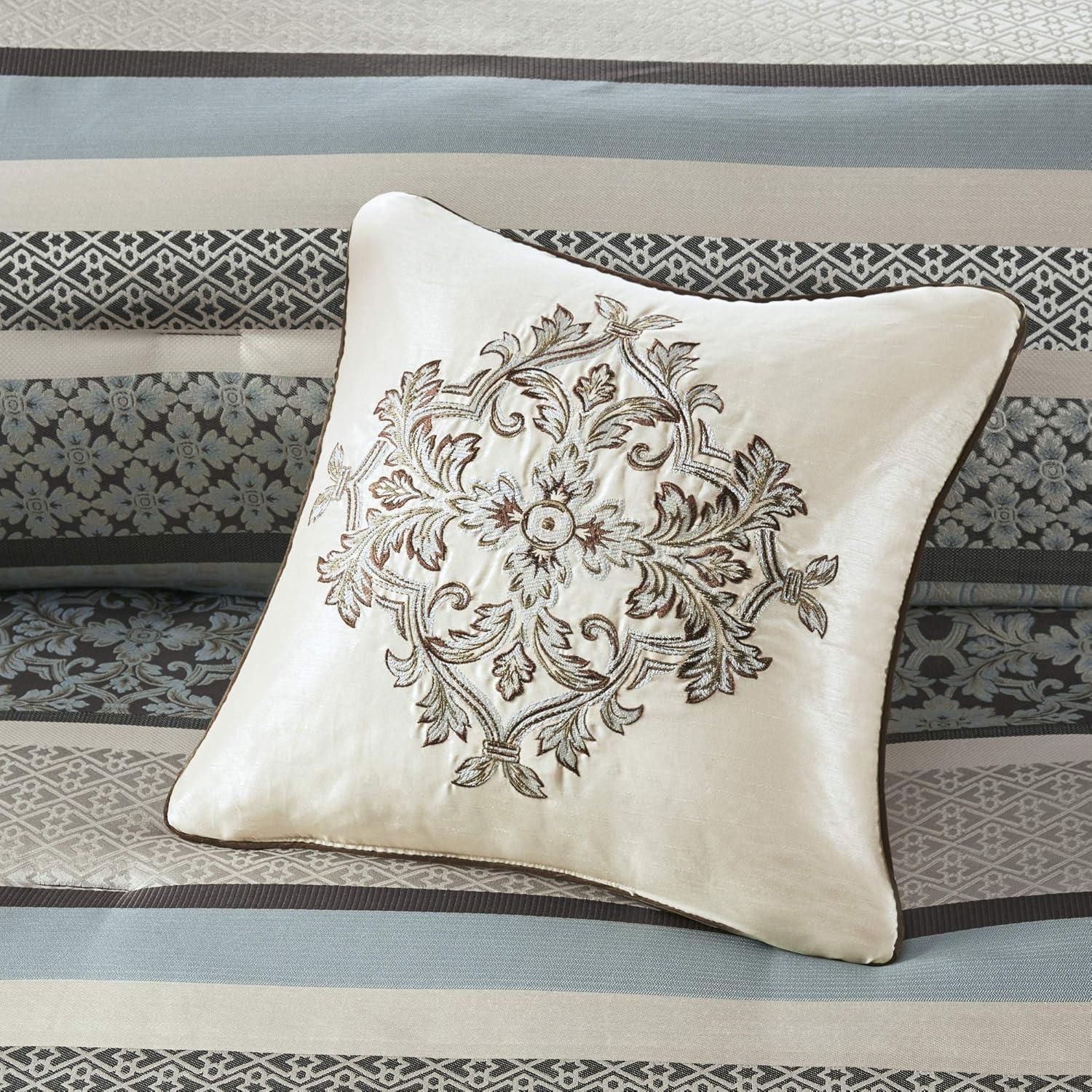 imageMadison Park Bellagio Cozy Comforter Set Luxurious Jaquard Traditional Damask Design All Season Down Alternative Bedding with Matching Shams Decorative Pillow Queen90quotx90quot BrownGold 7 PiecePrinceton Blue