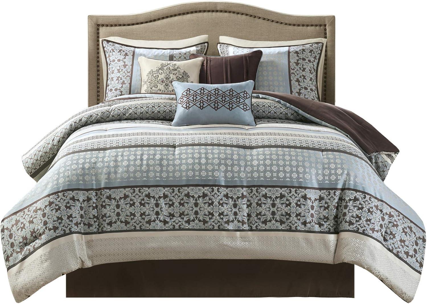 imageMadison Park Bellagio Cozy Comforter Set Luxurious Jaquard Traditional Damask Design All Season Down Alternative Bedding with Matching Shams Decorative Pillow Queen90quotx90quot BrownGold 7 PiecePrinceton Blue