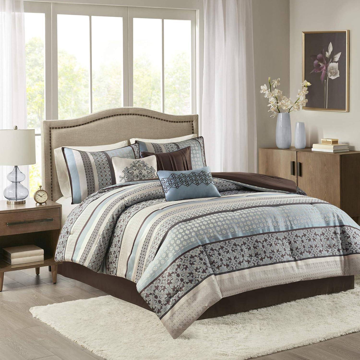 imageMadison Park Bellagio Cozy Comforter Set Luxurious Jaquard Traditional Damask Design All Season Down Alternative Bedding with Matching Shams Decorative Pillow Queen90quotx90quot BrownGold 7 PiecePrinceton Blue