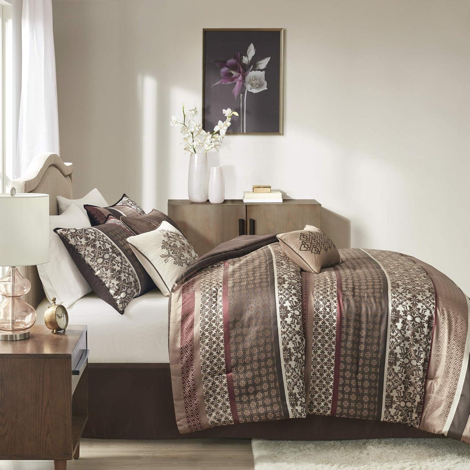 imageMadison Park Bellagio Cozy Comforter Set Luxurious Jaquard Traditional Damask Design All Season Down Alternative Bedding with Matching Shams Decorative Pillow Queen90quotx90quot BrownGold 7 PiecePrinceton Red