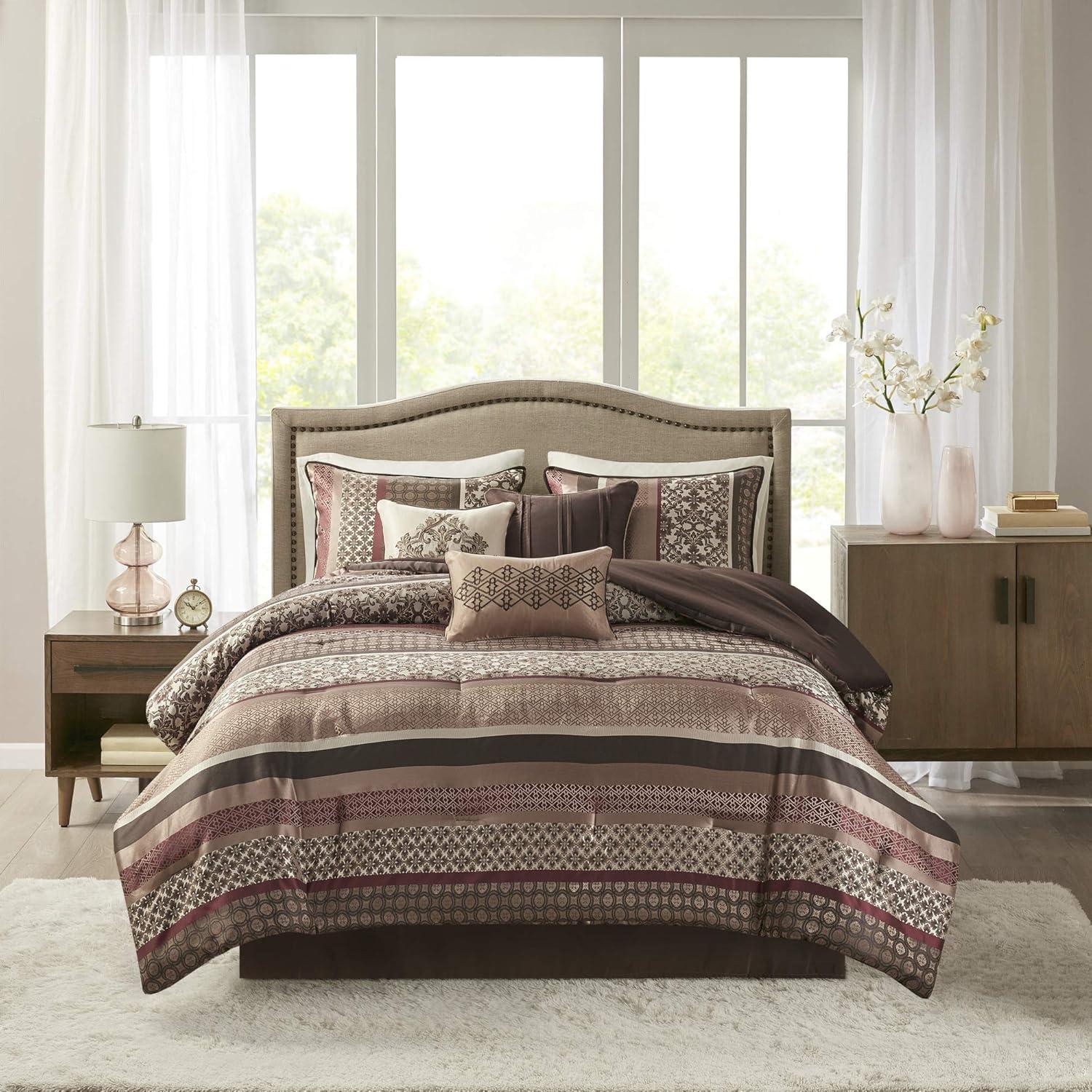 imageMadison Park Bellagio Cozy Comforter Set Luxurious Jaquard Traditional Damask Design All Season Down Alternative Bedding with Matching Shams Decorative Pillow Queen90quotx90quot BrownGold 7 PiecePrinceton Red