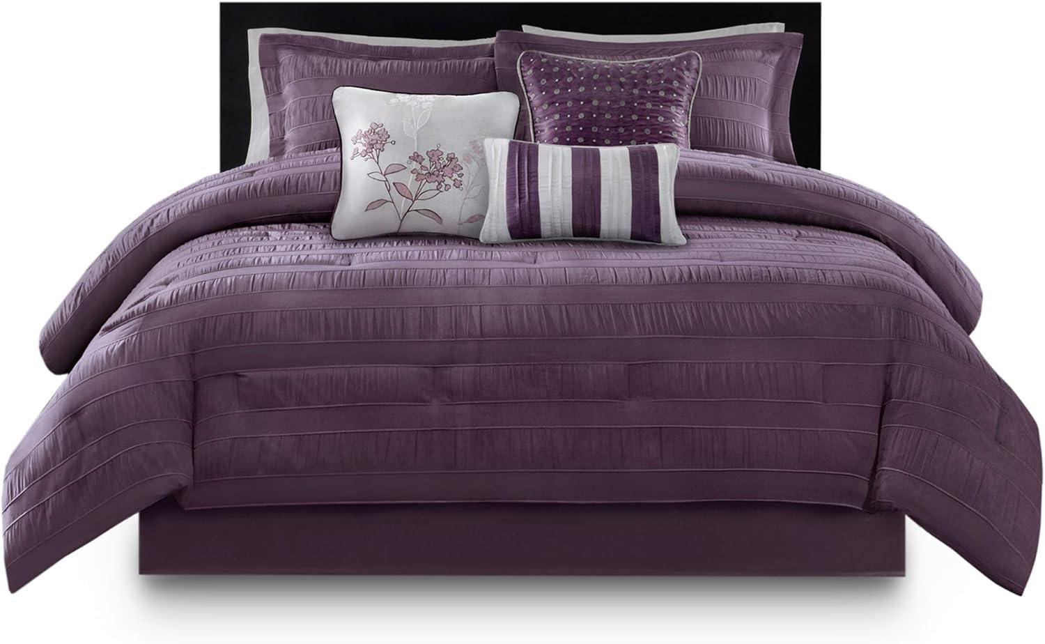 imageMadison Park Blaire Cozy Comforter SetLuxurious Faux Silk Traditional Pieced Design All Season Down Alternative Bedding with Matching Shams Decorative Pillow Queen 90 in x 90 in Navy 7 PieceHampton Plum