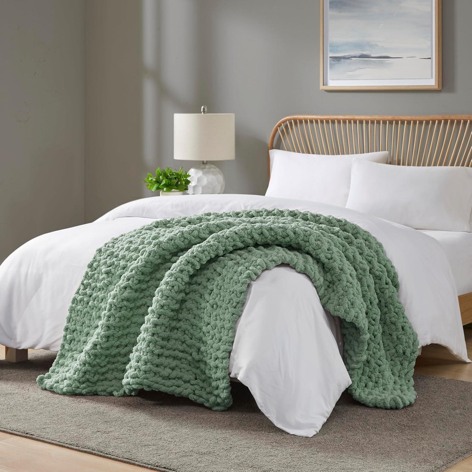 imageMadison Park Chenille Chunky Knit Handmade Throw Blanket Luxuriously Soft Gift Blankets Cottage Style Room Dcor Lightweight ampamp Breathable All Seasons Throw Blanket for Couch 50quot W x 60quot L GreySage Green