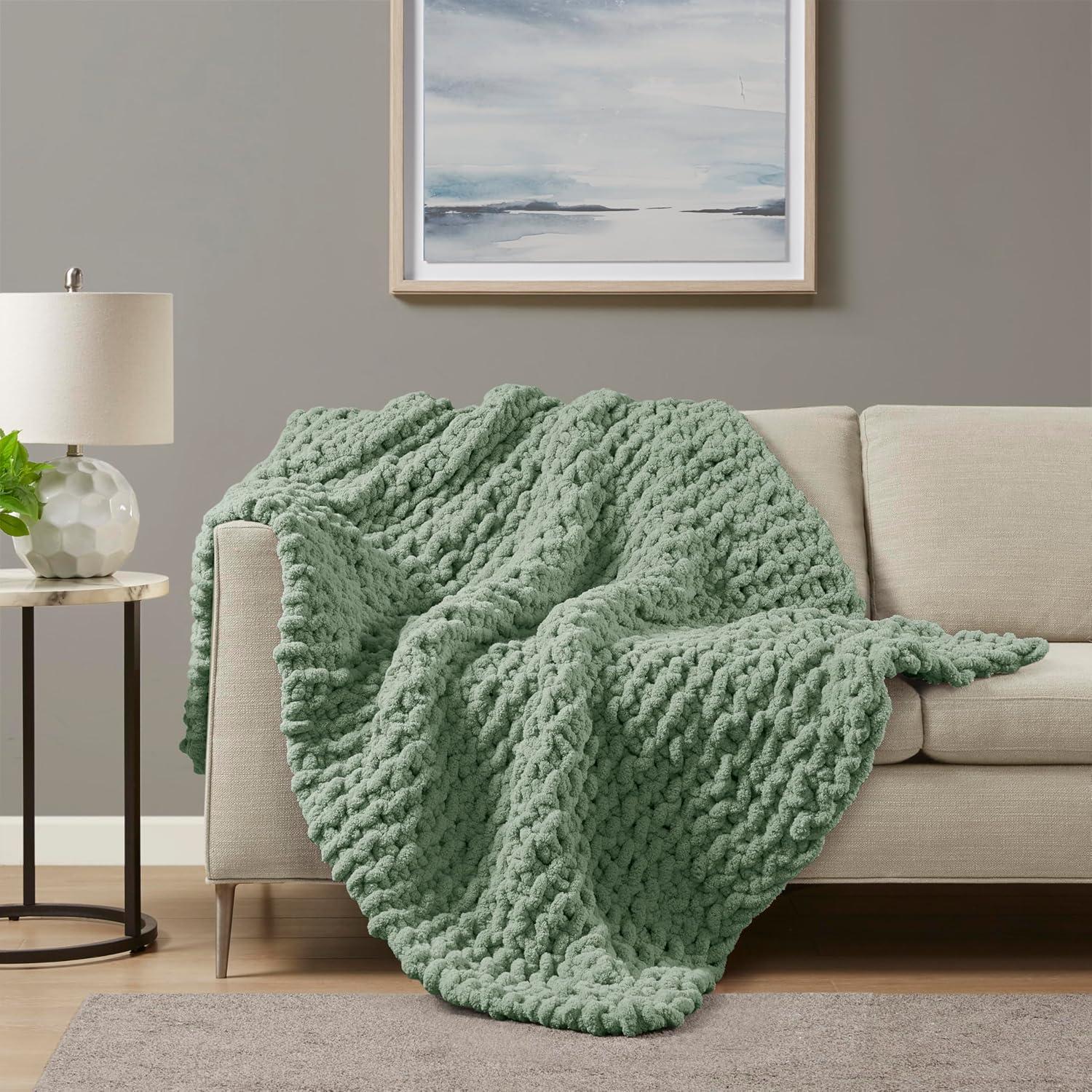 imageMadison Park Chenille Chunky Knit Handmade Throw Blanket Luxuriously Soft Gift Blankets Cottage Style Room Dcor Lightweight ampamp Breathable All Seasons Throw Blanket for Couch 50quot W x 60quot L GreySage Green