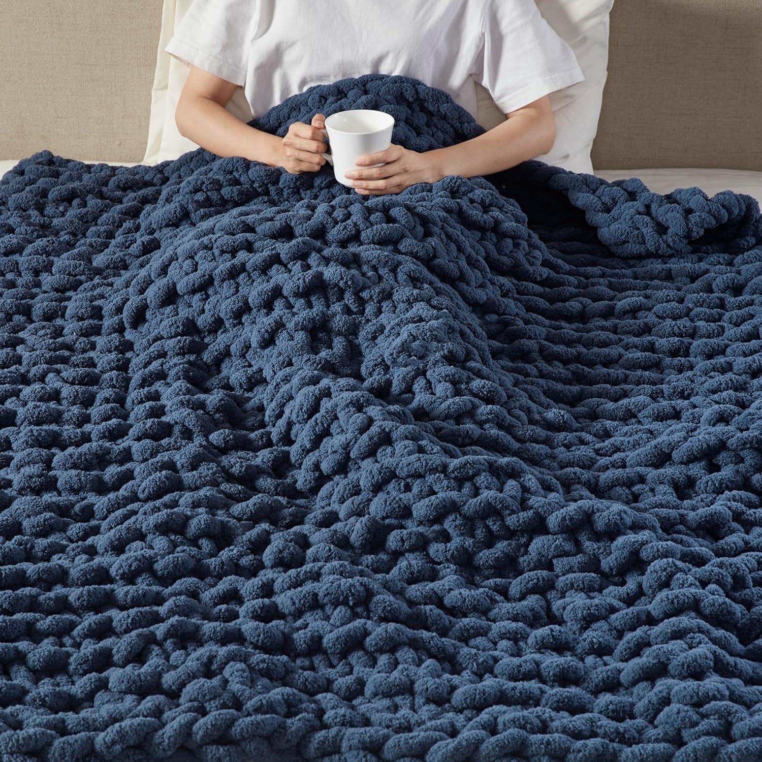 imageMadison Park Chenille Chunky Knit Handmade Throw Blanket Luxuriously Soft Gift Blankets Cottage Style Room Dcor Lightweight ampamp Breathable All Seasons Throw Blanket for Couch 50quot W x 60quot L GreyNavy Blue