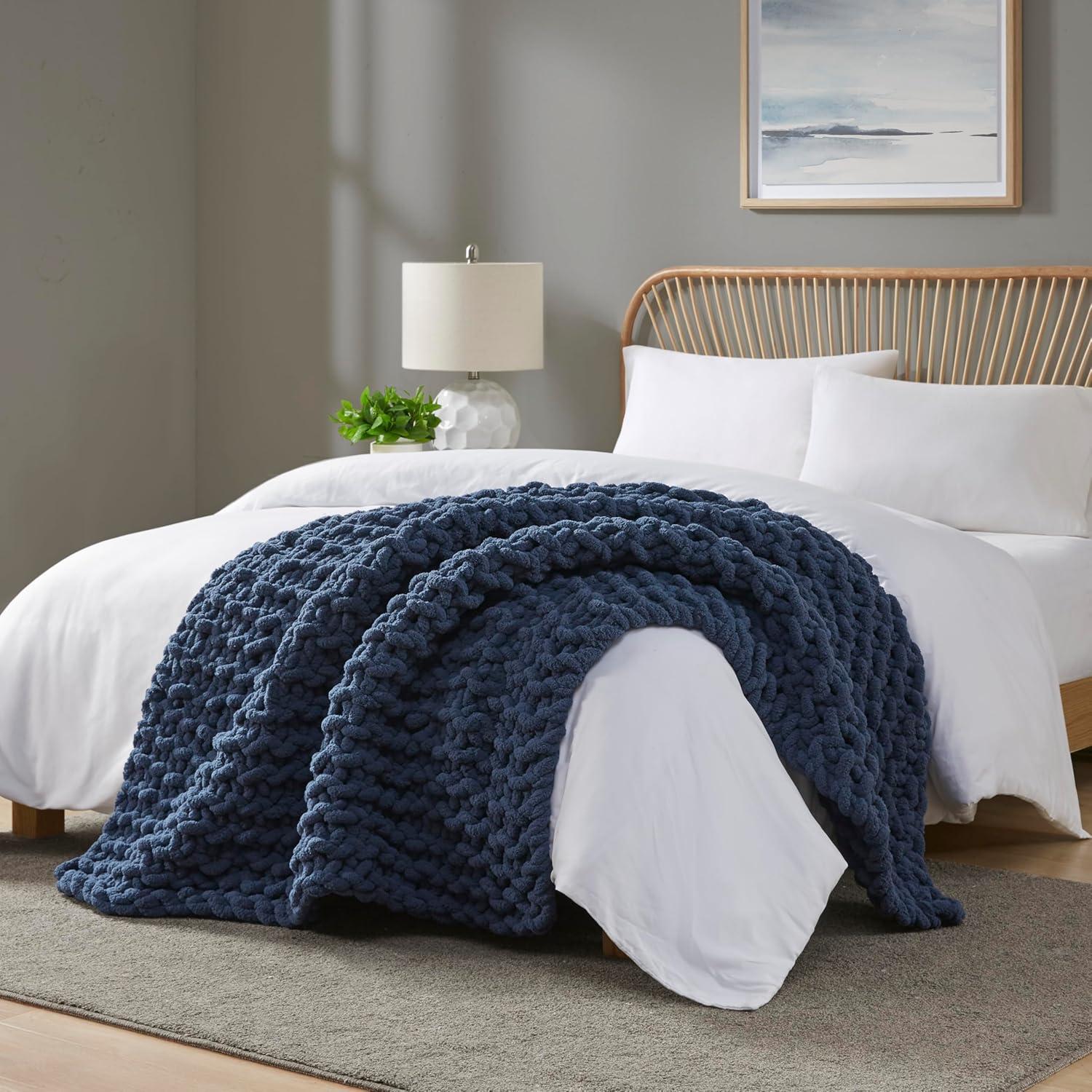 imageMadison Park Chenille Chunky Knit Handmade Throw Blanket Luxuriously Soft Gift Blankets Cottage Style Room Dcor Lightweight ampamp Breathable All Seasons Throw Blanket for Couch 50quot W x 60quot L GreyNavy Blue