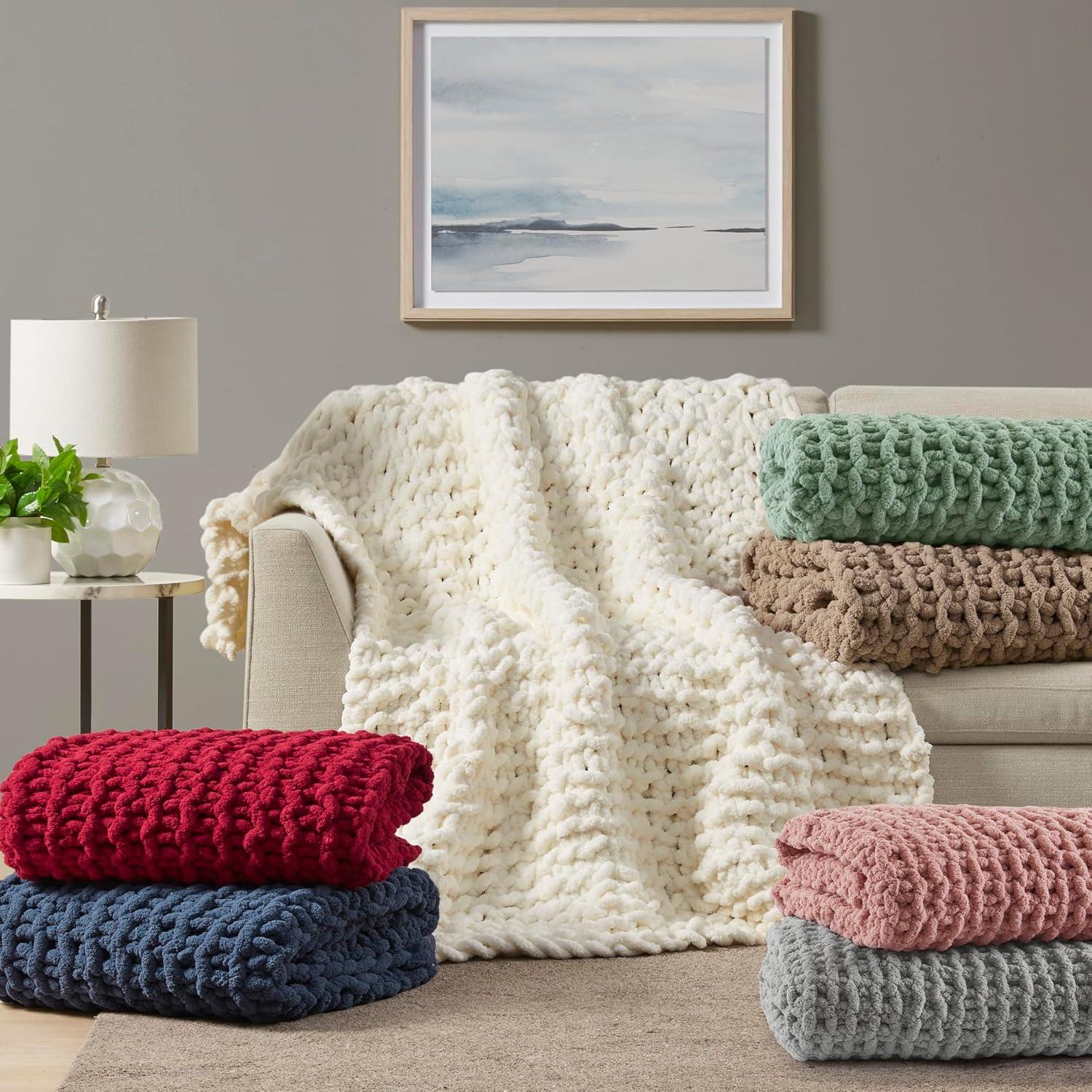 imageMadison Park Chenille Chunky Knit Handmade Throw Blanket Luxuriously Soft Gift Blankets Cottage Style Room Dcor Lightweight ampamp Breathable All Seasons Throw Blanket for Couch 50quot W x 60quot L GreySage Green