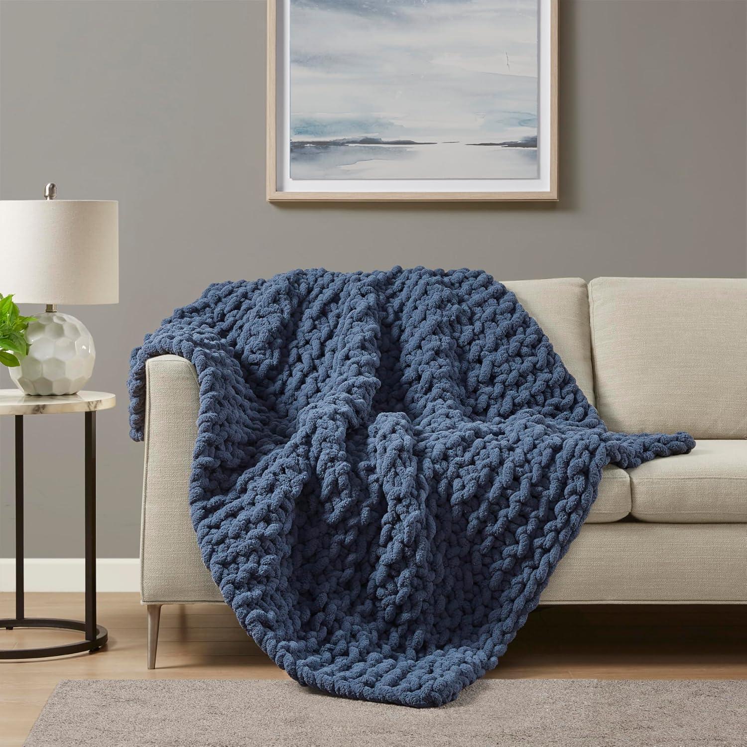 imageMadison Park Chenille Chunky Knit Handmade Throw Blanket Luxuriously Soft Gift Blankets Cottage Style Room Dcor Lightweight ampamp Breathable All Seasons Throw Blanket for Couch 50quot W x 60quot L GreyNavy Blue