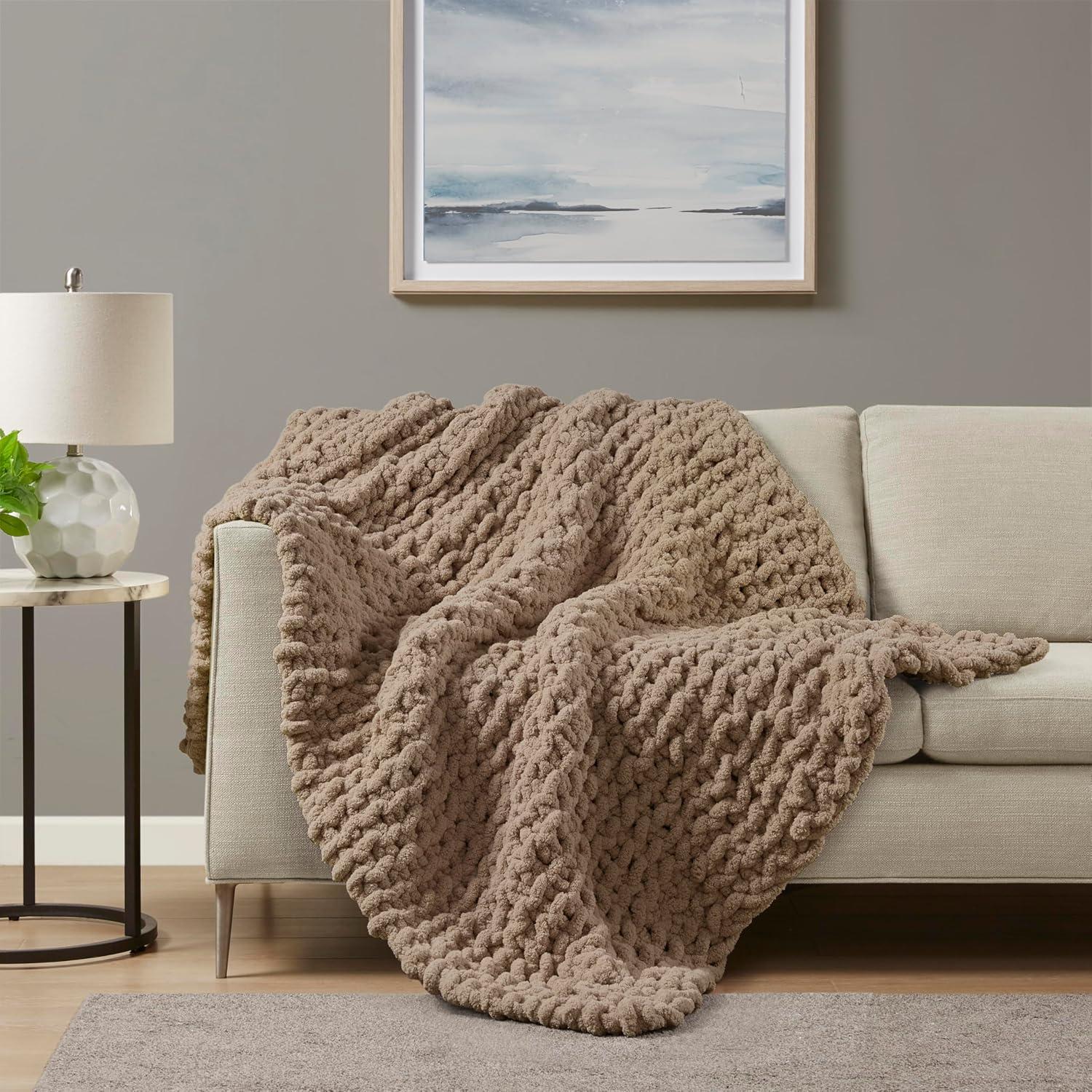 imageMadison Park Chenille Chunky Knit Handmade Throw Blanket Luxuriously Soft Gift Blankets Cottage Style Room Dcor Lightweight ampamp Breathable All Seasons Throw Blanket for Couch 50quot W x 60quot L GreyBrown