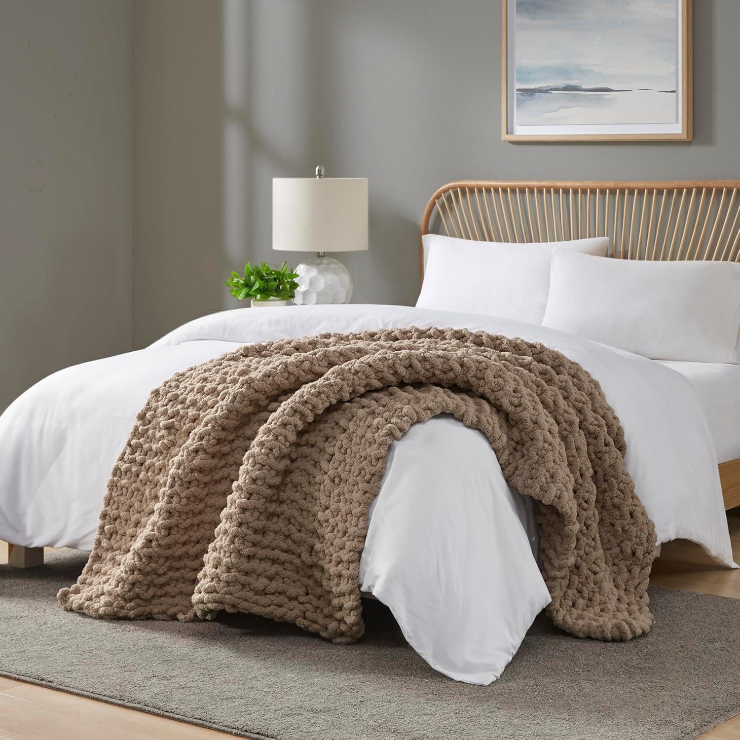 imageMadison Park Chenille Chunky Knit Handmade Throw Blanket Luxuriously Soft Gift Blankets Cottage Style Room Dcor Lightweight ampamp Breathable All Seasons Throw Blanket for Couch 50quot W x 60quot L GreyBrown