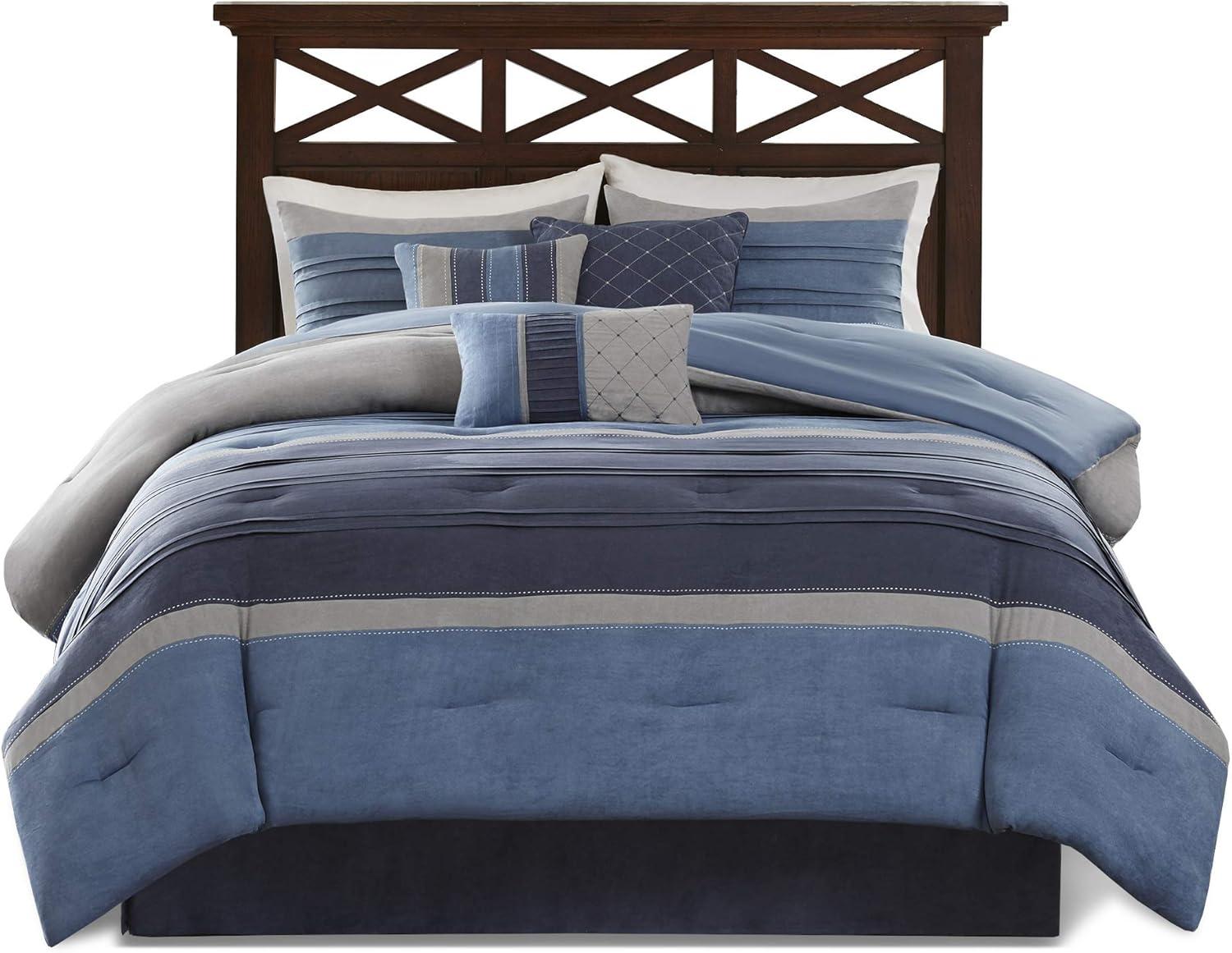 imageMadison Park Cozy Comforter Set Casual Blocks Design All Season Matching Bed Skirt Decorative Pillows Queen90quotx90quot Red Brown 7 PieceCollins BlueGrey