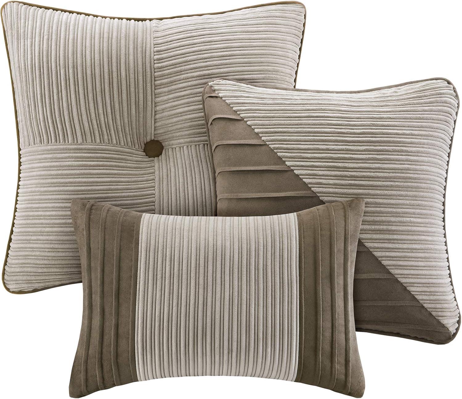 imageMadison Park Cozy Comforter Set Casual Blocks Design All Season Matching Bed Skirt Decorative Pillows Queen90quotx90quot Red Brown 7 PieceDallas TaupeBrown