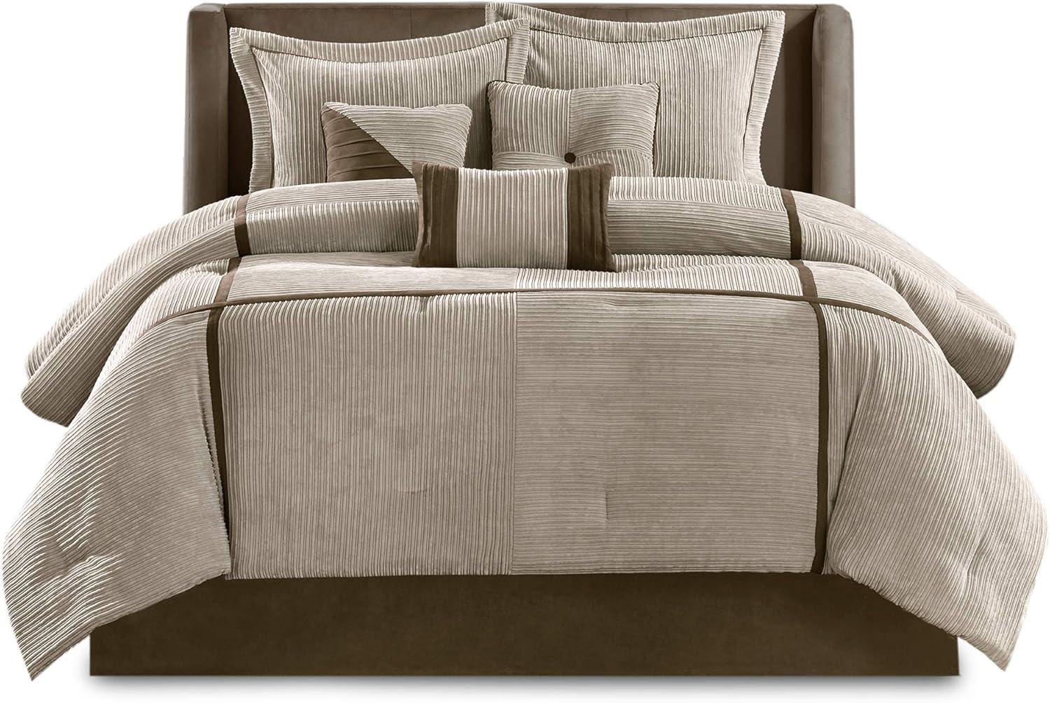 imageMadison Park Cozy Comforter Set Casual Blocks Design All Season Matching Bed Skirt Decorative Pillows Queen90quotx90quot Red Brown 7 PieceDallas TaupeBrown