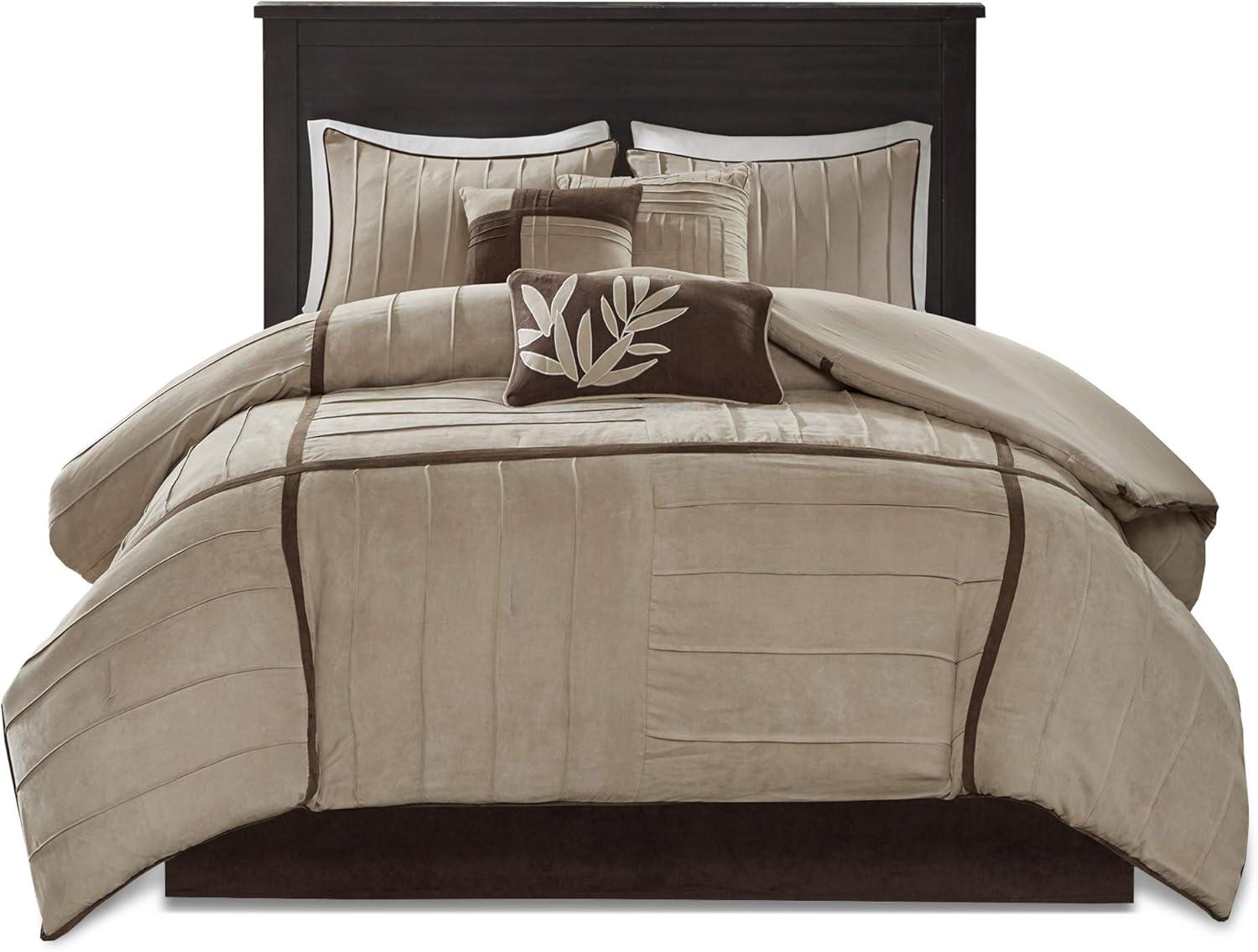 imageMadison Park Cozy Comforter Set Casual Blocks Design All Season Matching Bed Skirt Decorative Pillows Queen90quotx90quot Red Brown 7 PieceDune BeigeBrown