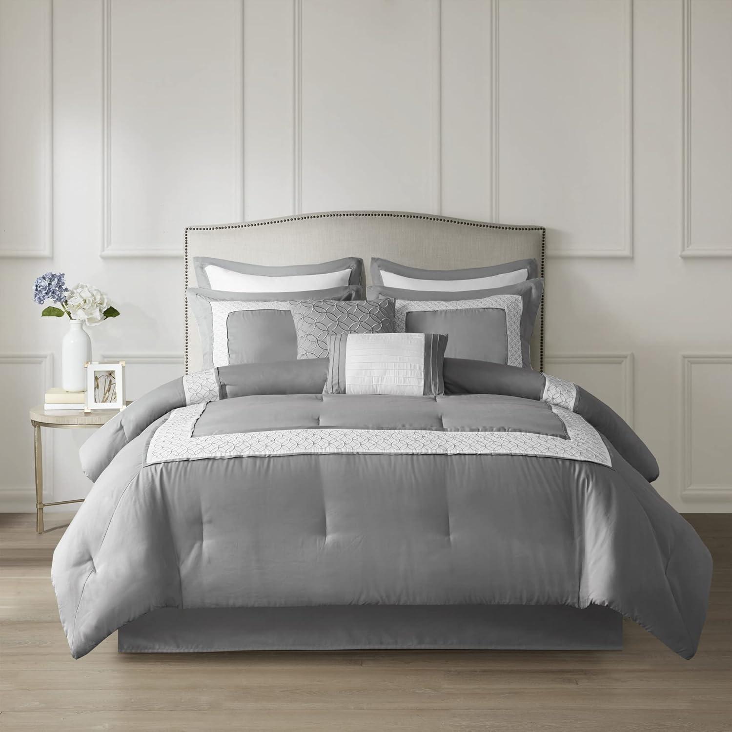 imageMadison Park Cozy Comforter SetDeluxe Hotel Collection All Season Down Alternative Luxury Bedding with Matching Shams Decorative Pillows Queen90quotx90quot Genevieve Navy 7 PieceGrey