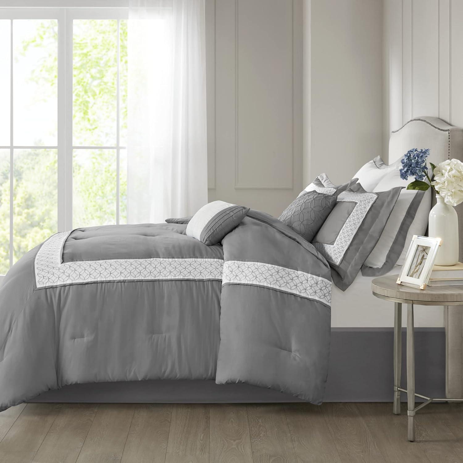 imageMadison Park Cozy Comforter SetDeluxe Hotel Collection All Season Down Alternative Luxury Bedding with Matching Shams Decorative Pillows Queen90quotx90quot Genevieve Navy 7 PieceGrey