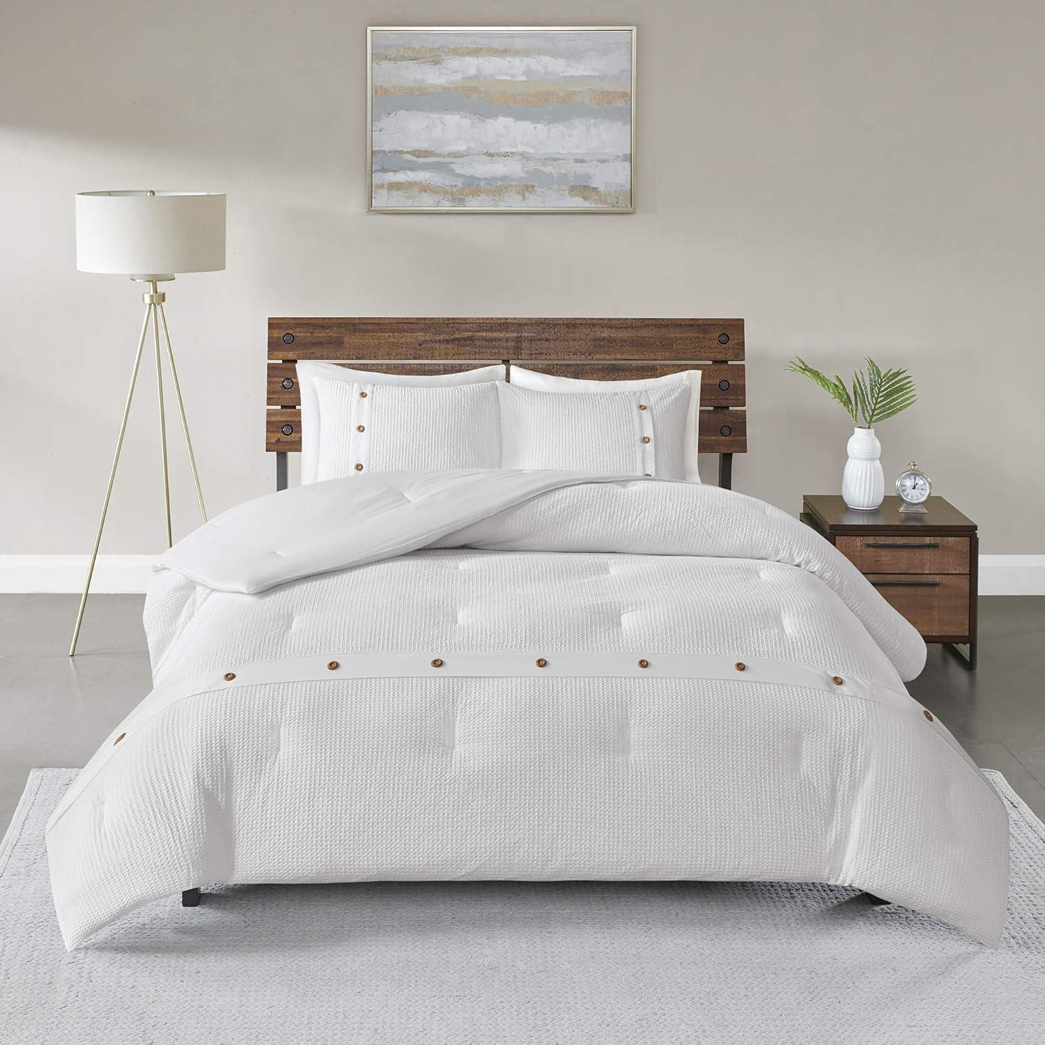 imageMadison Park Cozy Cotton Comforter Set Casual Modern Design All Season Bedding Matching Shams FullQueen 90 in x 90 in White 3 PieceWaffle Weave White