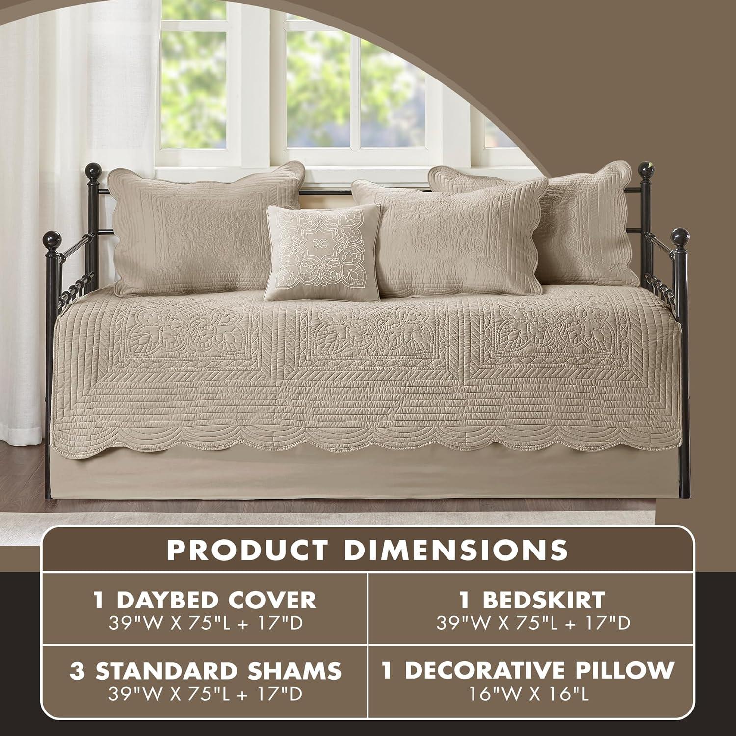 imageMadison Park Daybed Cover Set Damask Quilted Cover for Daybeds All Season Prewashed CottonFilled Coastal Bedding with Scallop Edge Shams Bedskirt Dcor Pillows Tuscany Cream 39quotx75quot 6 PieceKhaki
