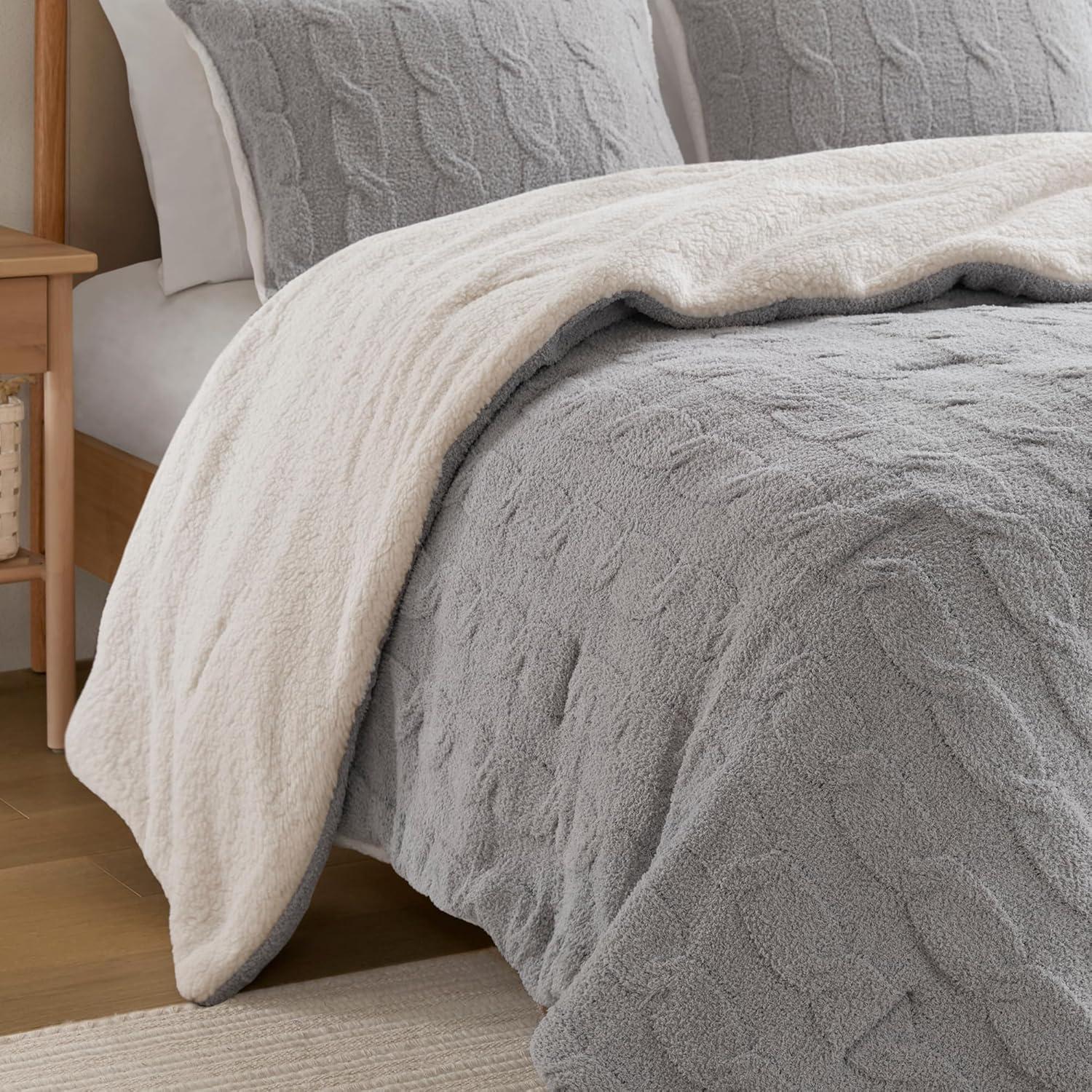 imageMadison Park Ellis Cable Knit Comforter Set Soft Fluffy Chenille with Sherpa Reverse Cozy SweaterInspired Texture OekoTex CertifiedKing IvoryGray