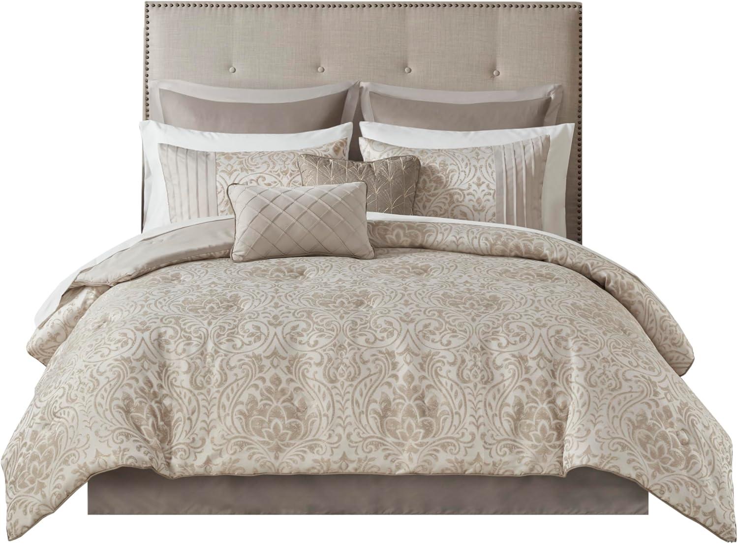 imageMadison Park Emilia Bed in a Bag Comforter Set with Sheets Gold Metallic Jacquard Damask Design Traditional All Season Bedding Includes Bedskirt Shams Toss Pillows Queen KhakiGold 12 PieceCalifornia King