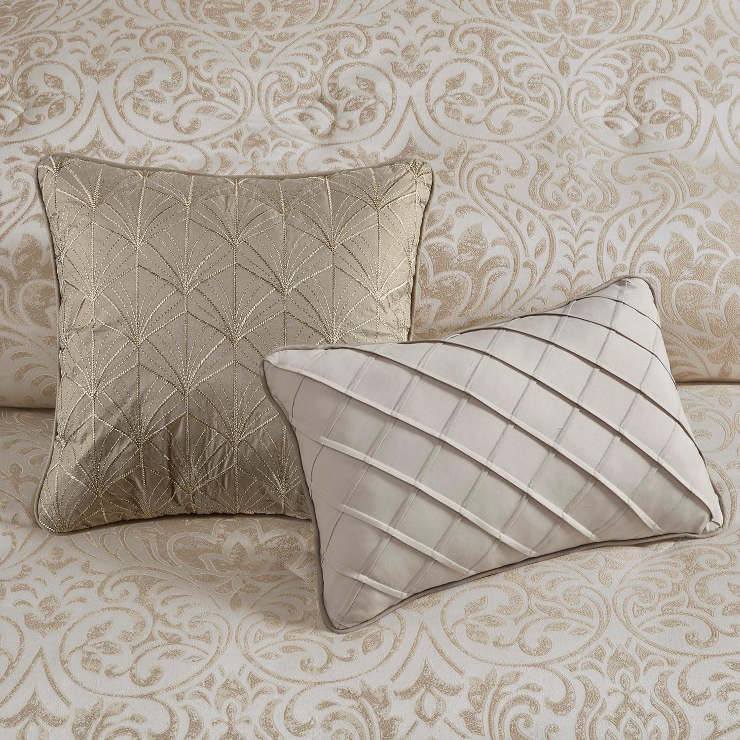 imageMadison Park Emilia Bed in a Bag Comforter Set with Sheets Gold Metallic Jacquard Damask Design Traditional All Season Bedding Includes Bedskirt Shams Toss Pillows Queen KhakiGold 12 PieceQueen