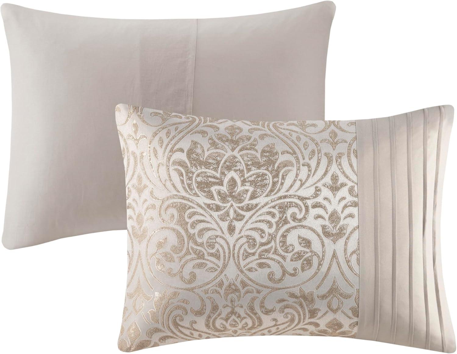 imageMadison Park Emilia Bed in a Bag Comforter Set with Sheets Gold Metallic Jacquard Damask Design Traditional All Season Bedding Includes Bedskirt Shams Toss Pillows Queen KhakiGold 12 PieceCalifornia King