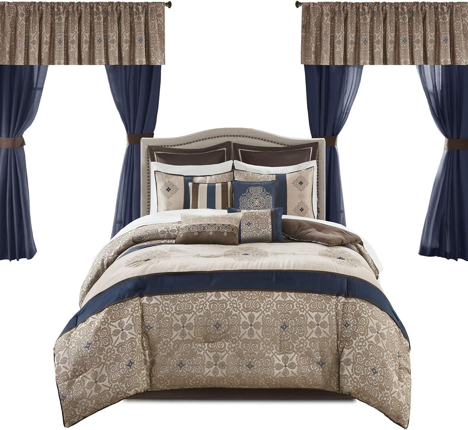 imageMadison Park Essentials Delaney 24Piece Room In A Bag Comforter SetSatin Jacquard All Season Luxury Bedding Sheets decorative pillows and Curtains Valance King104quotx92quot Medallion RedNavy