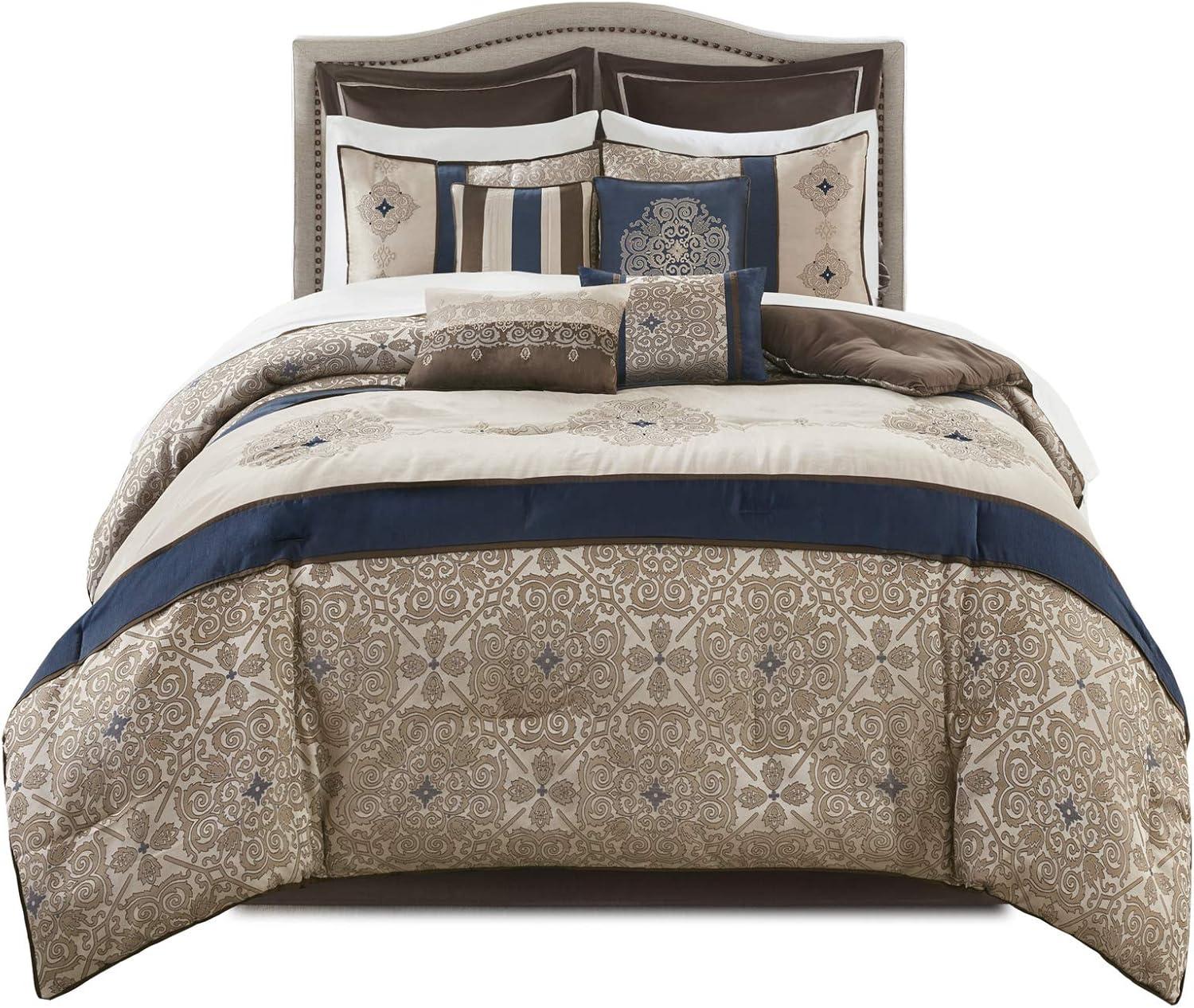 imageMadison Park Essentials Delaney 24Piece Room In A Bag Comforter SetSatin Jacquard All Season Luxury Bedding Sheets decorative pillows and Curtains Valance King104quotx92quot Medallion RedNavy